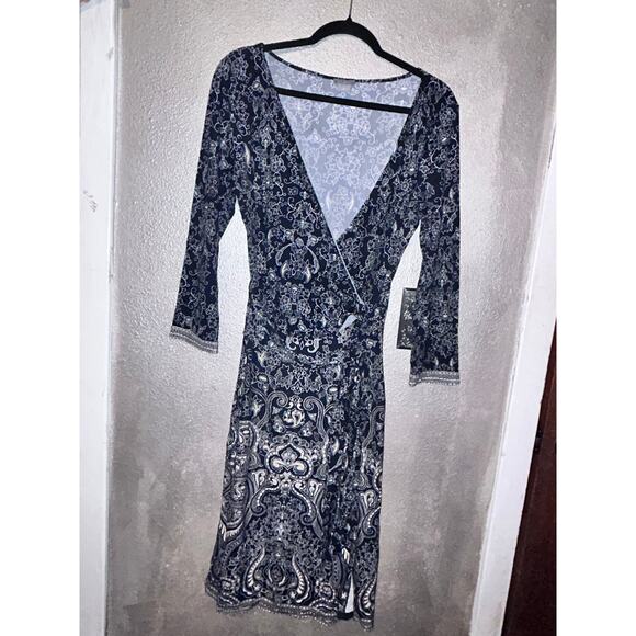 Ann Taylor Black White Tan Faux Wrap Midi Dress – Size 8 Professional Office - Picture 13 of 13